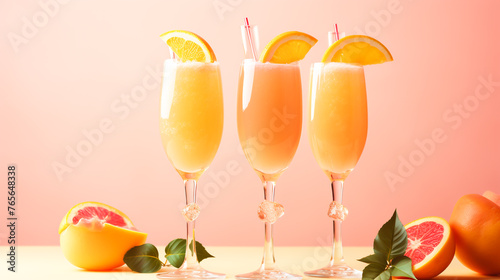 Juice from oranges and fresh fruits in beautiful colored cocktail glasses.