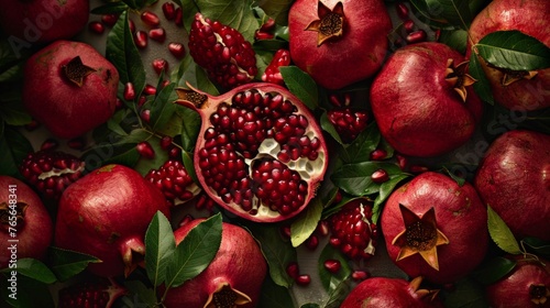 Pomegranate Close-Up with Vibrant Seeds and Leaves