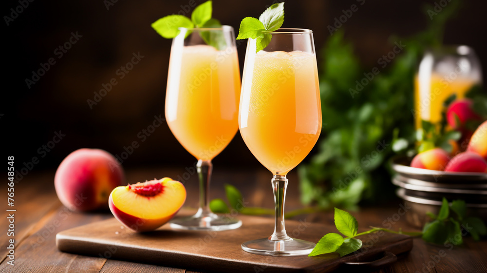 Peach mimosa or bellini cocktails for brunch. Drinks fruits and in a cocktail glass.