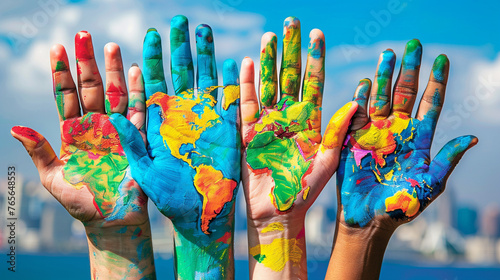 painted hands with earth globe