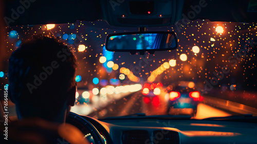 Man driving car in rainy night. Blurred city background. © Iryna