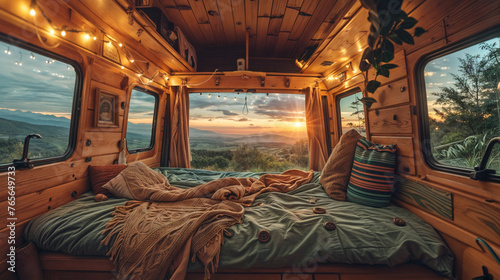 A warm, cozy interior view of a rustic van outfitted with wooden walls and twinkling lights, overlooking a scenic sunset and rolling hills photo