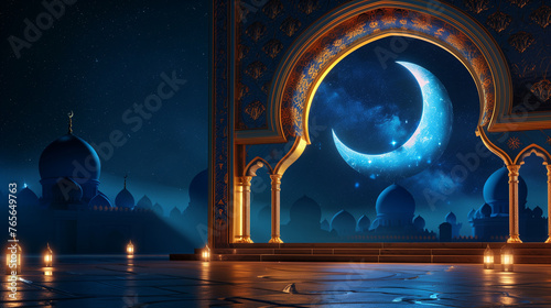 Beautiful architecture design of muslim mosque ramadan and a crescent moon in the sky.