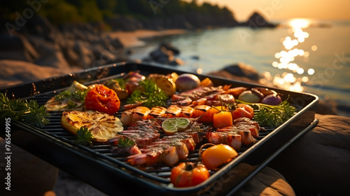 Grilling food for outdoor gatherings Picnic with friends In the atmosphere of rivers and natural forests