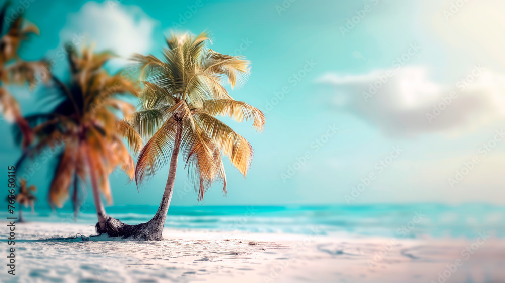 Summer background for text or product presentation. Nature of tropical beach with sun rays and palm leafs. Golden sun beach close up.