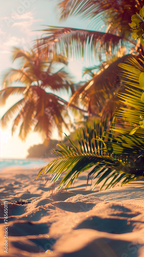 Summer background for text or product presentation. Nature of tropical beach with sun rays and palm leafs. Golden sun beach close up.