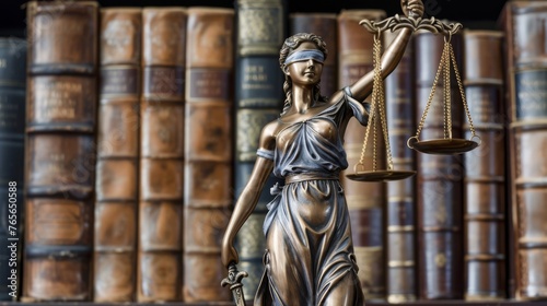 Close-up of a Lady Justice statue with a backdrop of aged law books