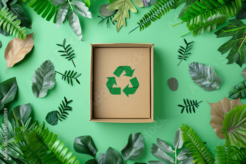 a green recycle symbol imprinted on box with green leaves, representing eco-friendly and sustainable food choices in line with the zero waste lifestyle movement