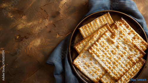 Jewish matzah bread placed on a wooden background with copy space, Passover holiday celebration concept, Background for the traditional Jewish holiday Pesach photo