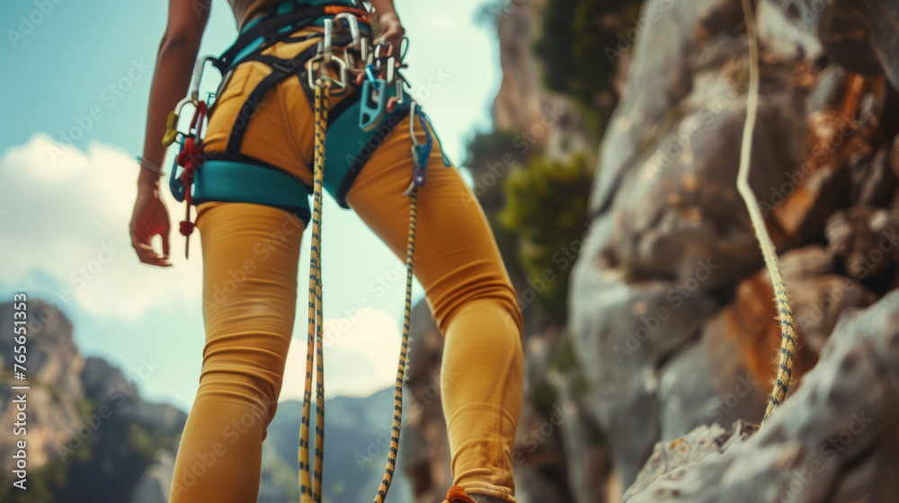 A close-up of a sporty, slim woman equipped with a climbing harness, rope, and carabiner for security, ascending a rock in the mountains. - obrazy, fototapety, plakaty 