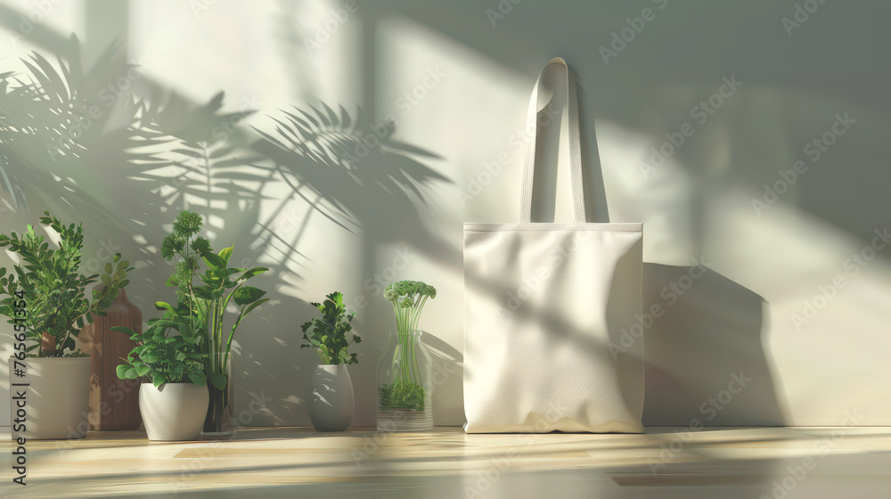 Mockup shopper tote bag handbag on supermarket mall background. Copy space shopping eco reusable bag. Grocey tote-bag accessories. Template blank cutton material canvas cloth. Tote bag mockup