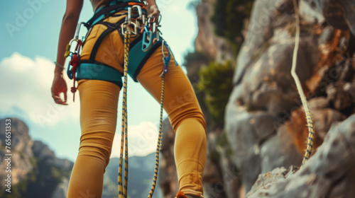 A close-up of a sporty, slim woman equipped with a climbing harness, rope, and carabiner for security, ascending a rock in the mountains.