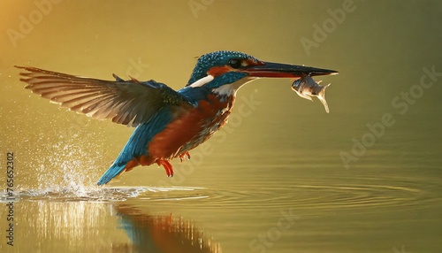 Grace in Flight: The Kingfisher's Majestic Ascent from the Water, Adorned in Sunlit Splendor with Prey in Tow" © Sadaqat