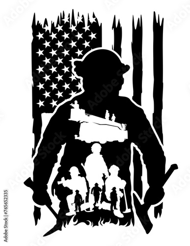 US Firefighter Scene | Firefighter | Fireman | First Responder | Distressed American Flag | Original Illustration | Vector and Clipart | Cutfile and Stencil