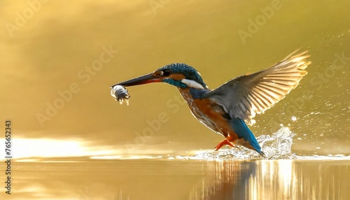 Grace in Flight: The Kingfisher's Majestic Ascent from the Water, Adorned in Sunlit Splendor with Prey in Tow" © Sadaqat