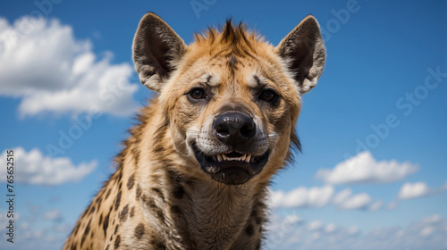 Low angle view of Hyena against blue sky 