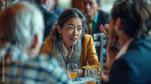 Woman talking to friends group of people in a restaurant bar meeting office event conference, asian business lady 40's 
