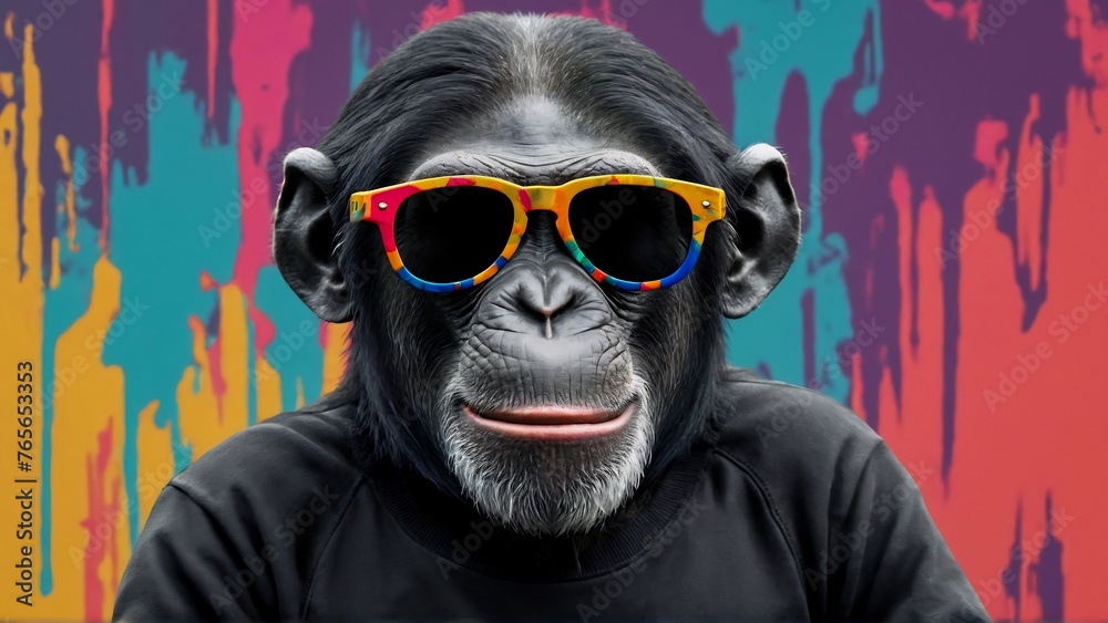 portrait of a chimp , chimpanzee in sunglasses, funny monkey with glasses, monkey wearing a sweatshirt portrait of a chimp , chimpanzee in sunglasses, funny monkey with glasses, monkey wearing a sweatshirt