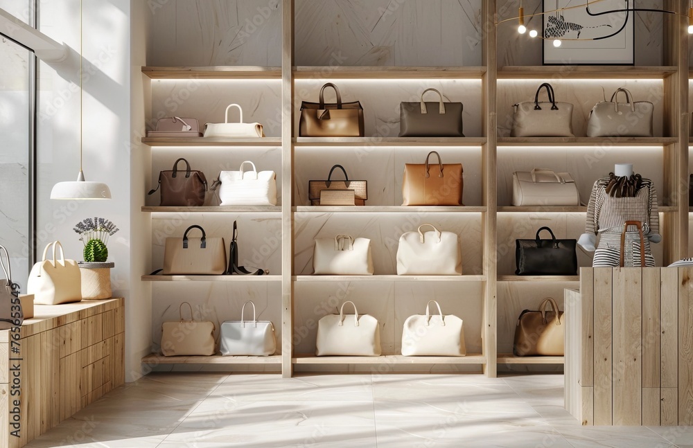 Luxury brand store for women's summer handbags, handbags stand on stillages made in a woody Loft style, the whole store is bright, there is illumination on the shelves, light cream shades prevail