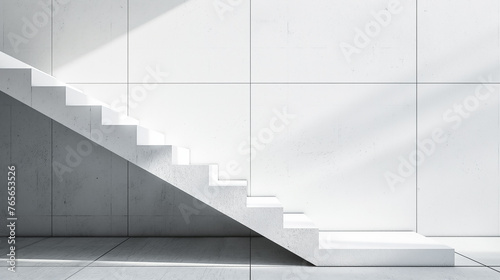 Modern Staircase in Minimalist Architectural Design. White Geometric Stairs with Shadow Play in Contemporary Building