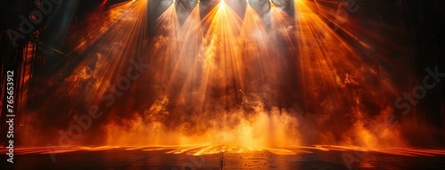 Theater stage light background with spotlight illuminated the stage for opera performance. Empty stage with warm ambiance colors, fog, smoke, backdrop decoration. Entertainment show