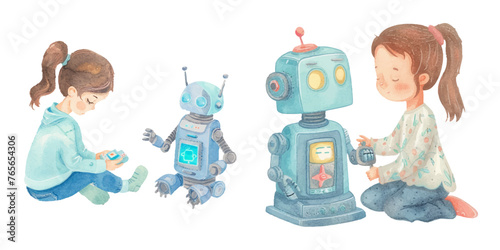 cute kid playing robot toy watercolour vector illustration
