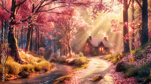 Mystical forest landscape with fantasy elements, showcasing a fairy-tale house amidst vibrant green trees and magical lighting