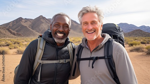 Two elderly adventurers stand tall amidst nature's splendor, their backpacks filled with a lifetime of wisdom and the joy of exploration. Together, they conquer mountains and cherish every moment.