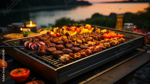 Outdoor grilling with friends In the atmosphere of rivers and natural forests