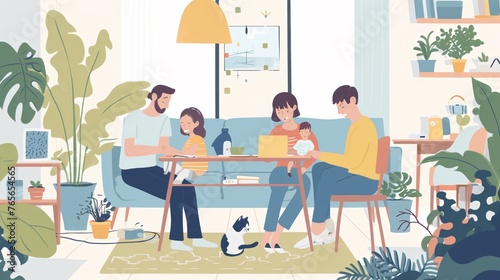 A family is sitting in a living room. The father is reading a book to the children. The mother is holding a baby. The cat is sitting on the floor.