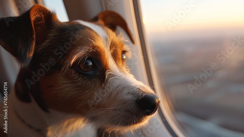 dog looking out of the window on a plane. ai generated