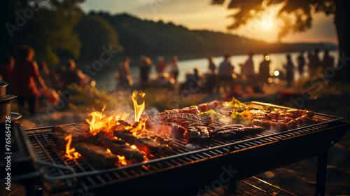 Outdoor grilling with friends In the atmosphere of rivers and natural forests photo