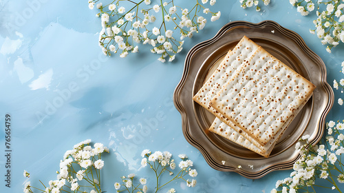 Top view of silver spraying matzah on the right side, adorned with delicate white flowers, blue background photo