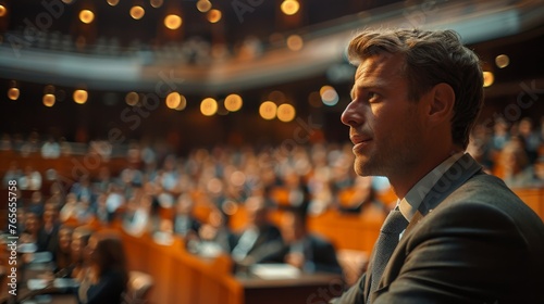 man in his 30s, wearing a suit and tie, giving a business presentation to a large audience