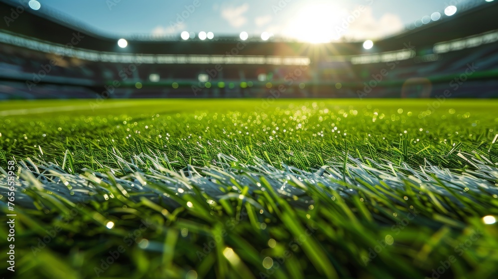 A soccer field with a blue line on the grass