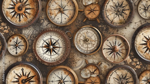 A beautiful seamless pattern of old vintage compasses. Perfect for use as a background or texture.