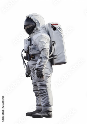 An astronaut clad in a space suit stands against a white background, evoking themes of exploration and discovery. photo