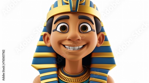 3D illustration of a cute and happy cartoon Egyptian pharaoh boy. He is wearing a traditional Egyptian headdress and a golden necklace. © stocker
