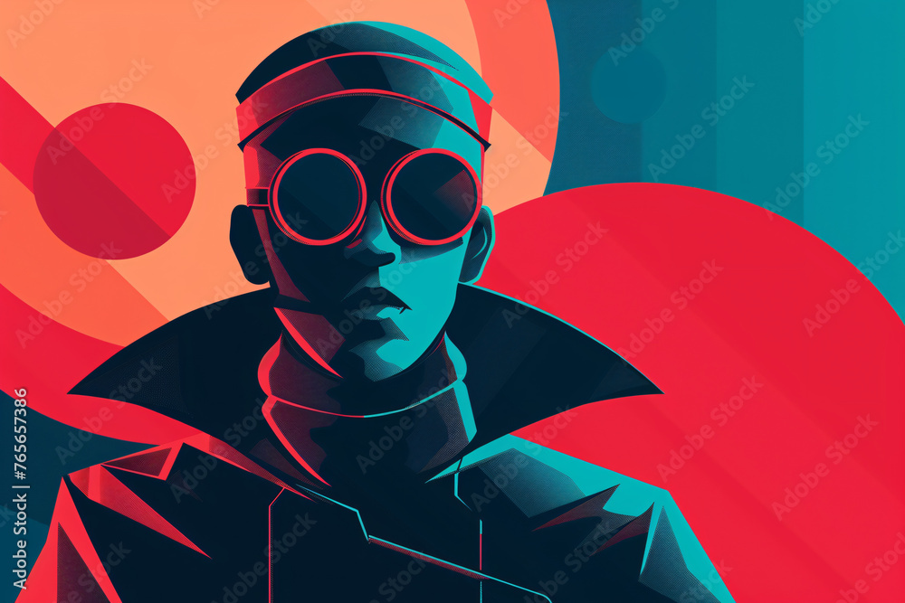 Retro-futuristic pilot illustration with enhanced red and blue contrast Retro-futuristic pilot illustration with enhanced red and blue contrast