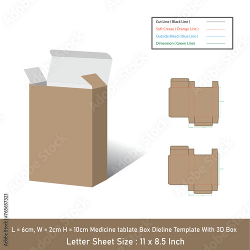 Tablate medicine box Size 6x2x10 cm dieline template, vector design (ID: 765657321)