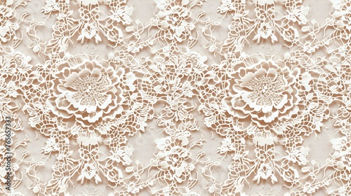 Delicate and detailed cream lace fabric with a floral pattern. The lace is made of fine threads and has a soft, romantic feel.