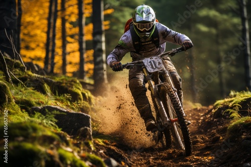 A bike racer sporting a helmet races through a lush forest, surrounded by towering trees and dappled sunlight filtering through the leaves.