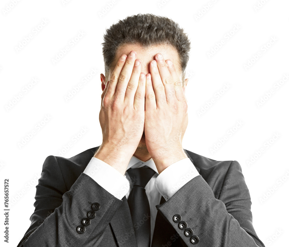 A businessman covering his face with hands, expression of stress or disappointment, white background, concept of business pressure A businessman covering his face with hands, expression of stress or disappointment, white background, concept of business pressure