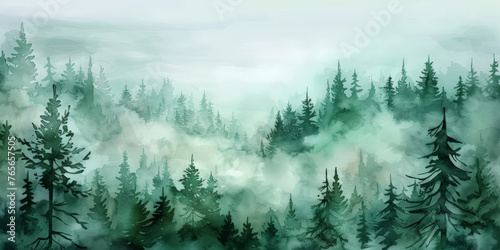 watercolor misty  forest with fog in the mountains, Misty landscape with fir forest in hipster vintage retro style. dark green Misty landscape with fir forest banner   © Nice Seven