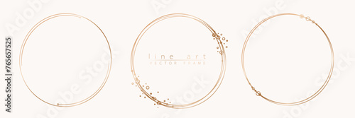 Botanical golden circle frame set. Hand drawn round line wreath with cirles for wedding invitation and cards, logo design, social media and posters template. Elegant minimal vector. photo