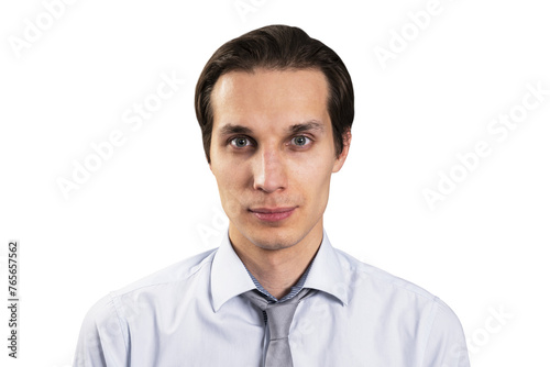 A young businessman in a blue shirt and tie, closeup portrait isolated on a white background, depicting a professional concept © Who is Danny