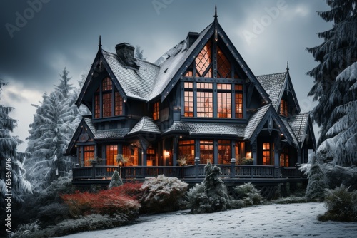 a tranquil winter scene featuring a cozy cabin nestled amidst snow covered trees, exuding a warm and inviting atmosphere with a flickering fireplace
