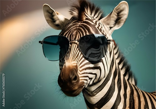 Creative animal concept. Zebra in sunglass shade glasses isolated on solid pastel background  commercial  editorial advertisement  surreal surrealism.