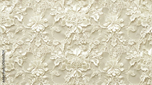 Delicate cream-colored lace fabric with a floral pattern. The lace is made of a fine mesh fabric with a floral pattern.