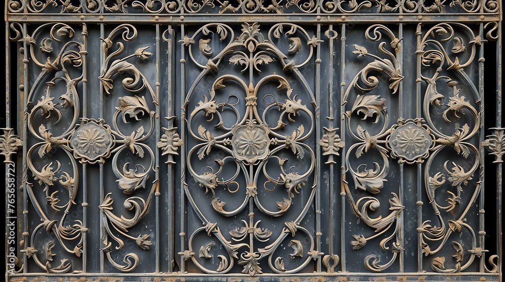 Wrought iron fence with a floral pattern. The fence is painted black and has a rusty texture.